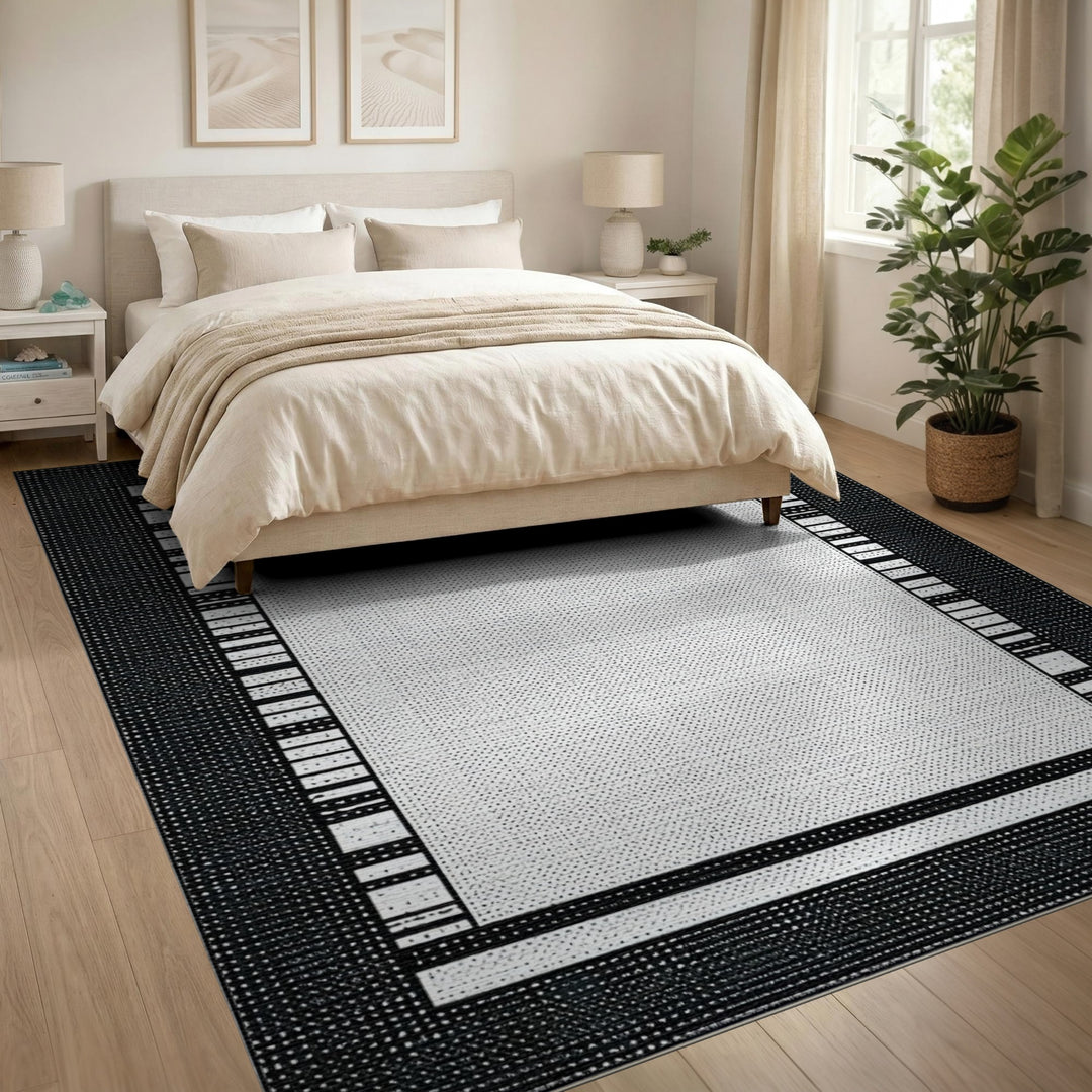 Black White Geometric Border Area Rug