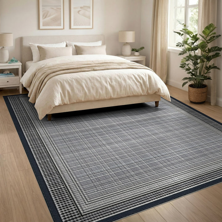 Black White Plaid Houndstooth Border Rug