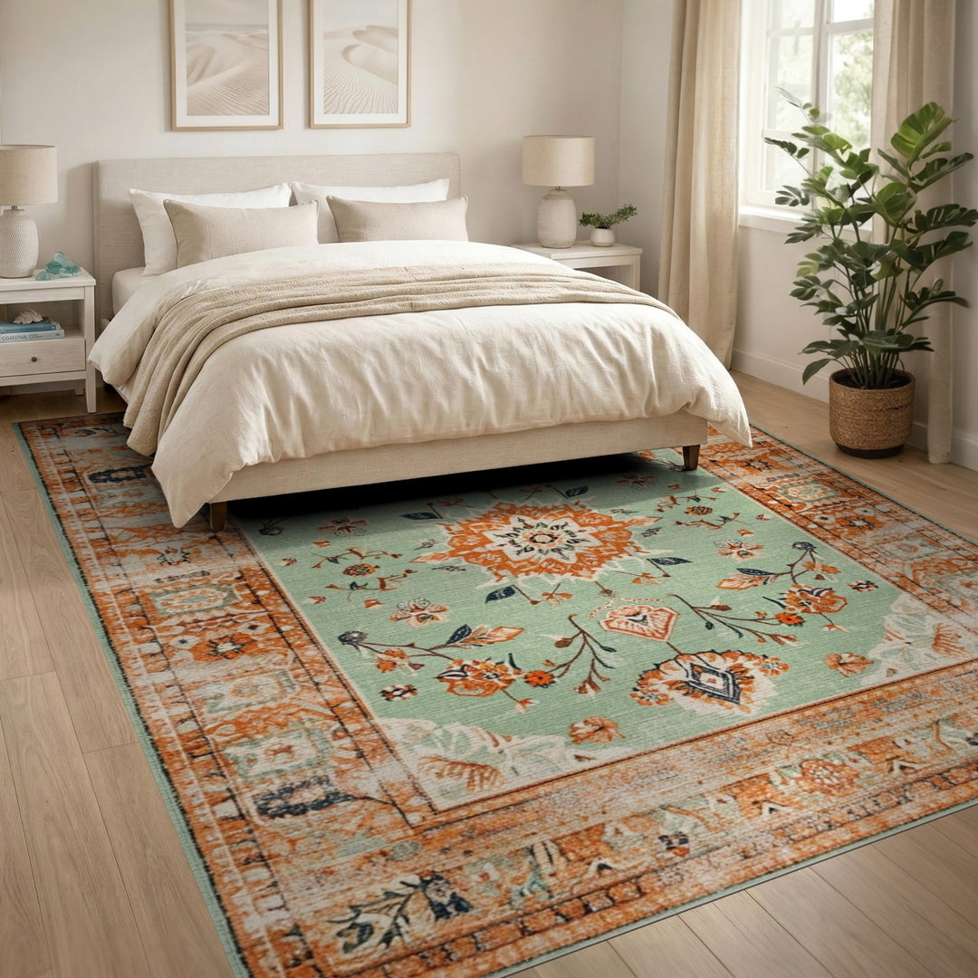 Vintage Green Floral Medallion Area Rug