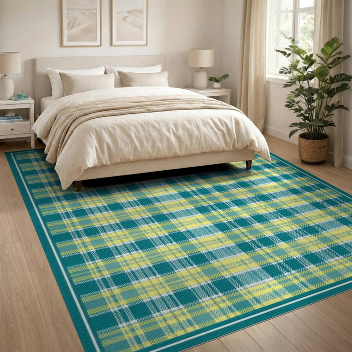 Teal Yellow Plaid Geometric Area Rug