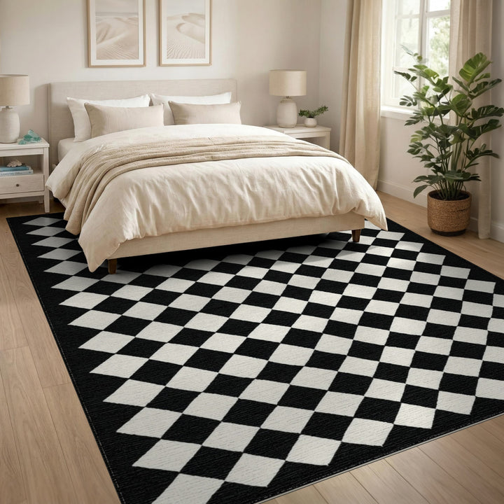 Black and White Diamond Checkered Area Rug