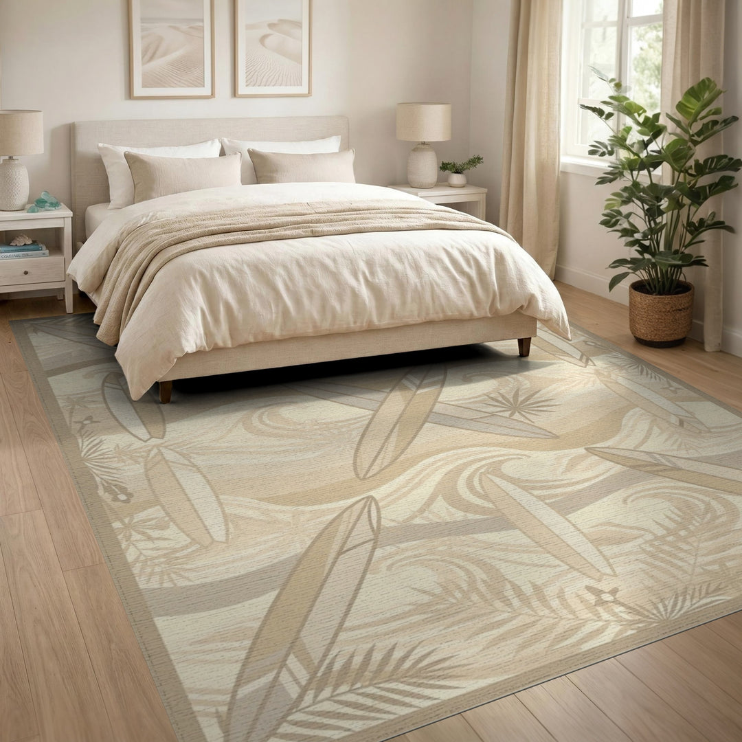 Neutral Surfboard Waves Washable Area Rug