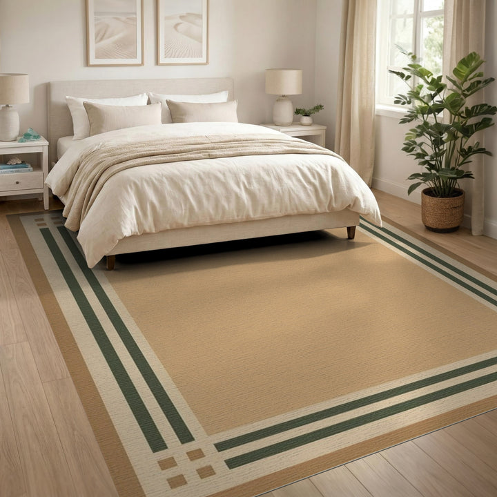 Beige and Neutral Tan Geometric Border Area Rug