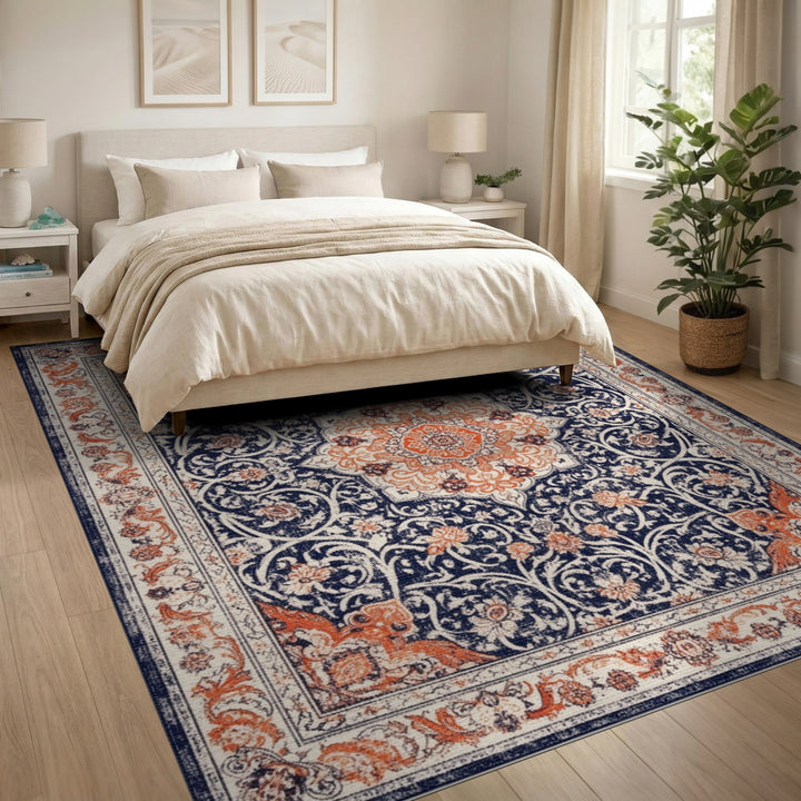 Navy Blue Orange Persian Medallion Traditional Persian Area Rug