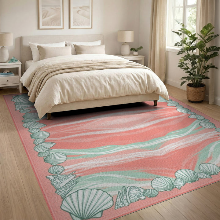 Pink Seashell Border Coastal Area Rug