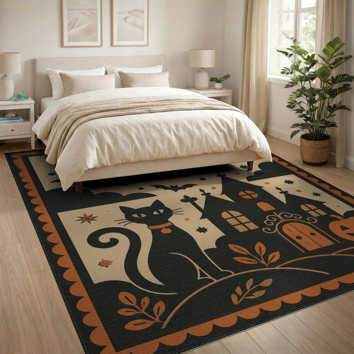 Orange Vintage Black Cat Halloween Area Rug