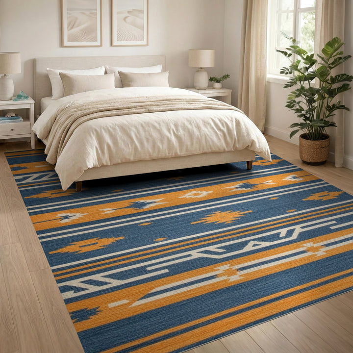 Southwestern Blue Orange Geometric Area Rug