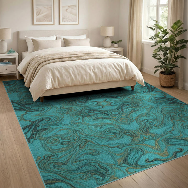 Teal Marble Swirl Washable Area Rug