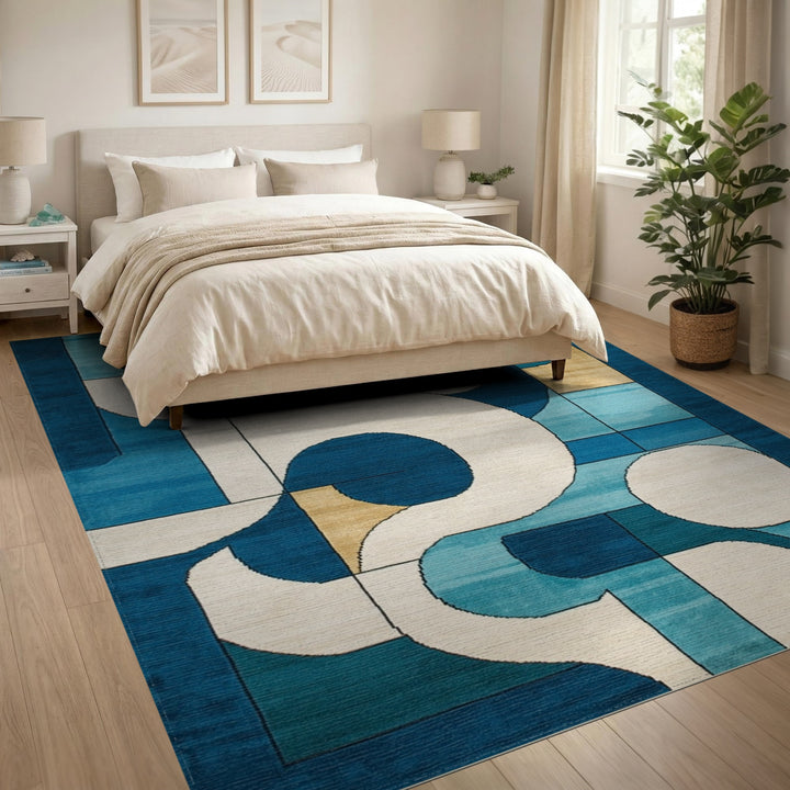 Blue Teal Geometric Abstract Area Rug
