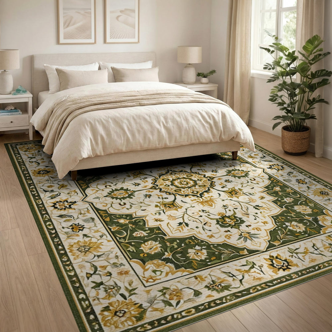 Green Floral Medallion Persian Area Rug