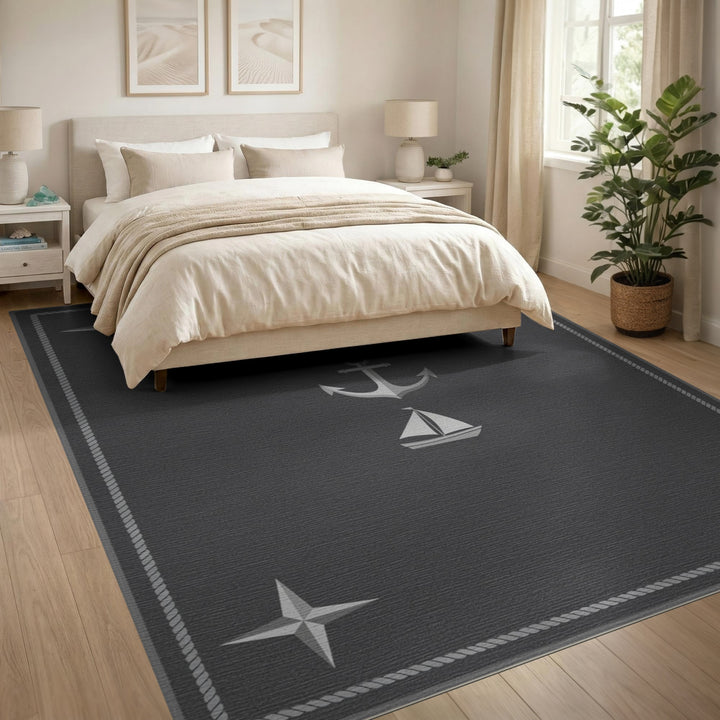 Grey Nautical Anchor Sailboat Rope Rug