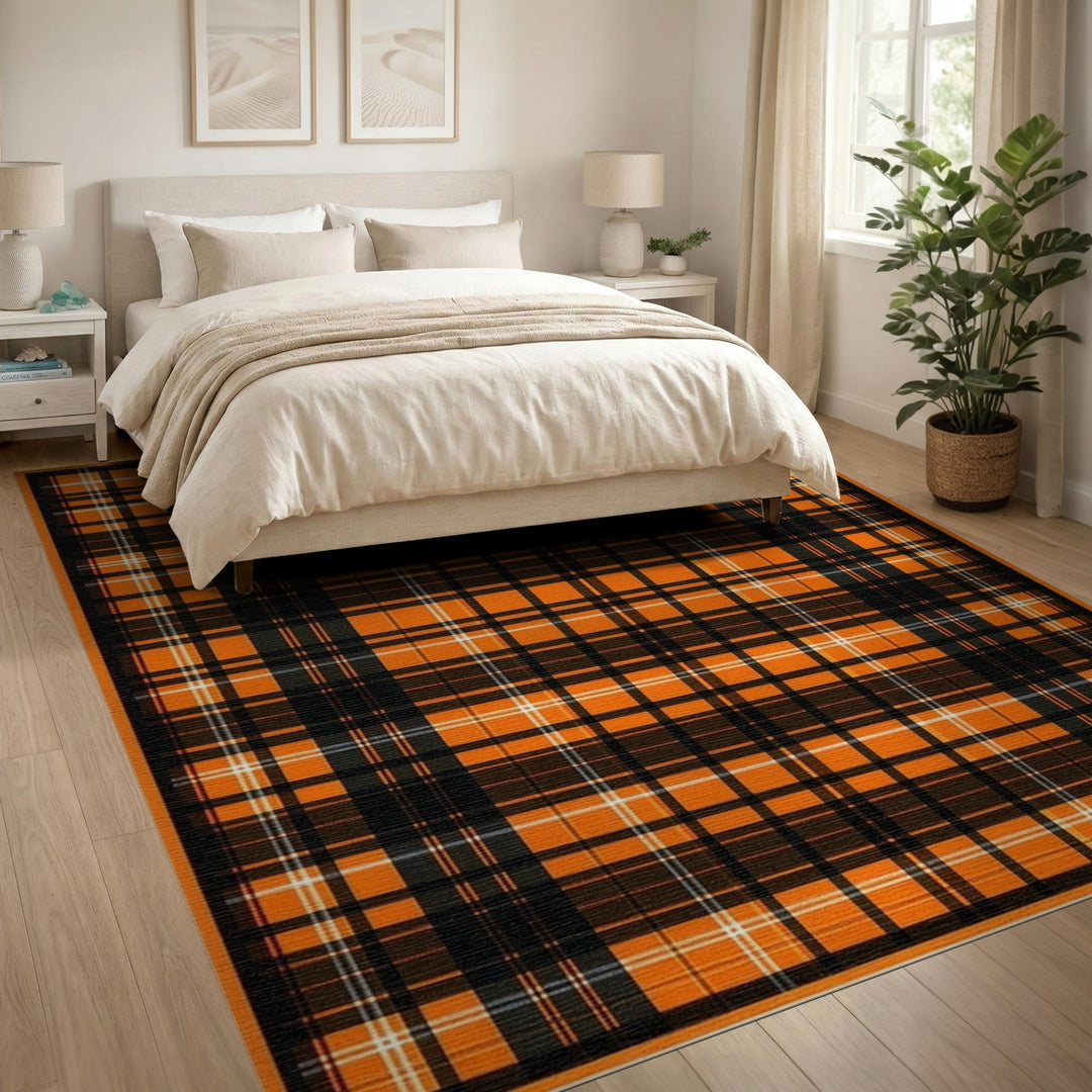 Geometric Modern Orange Black Plaid Washable Area Rug