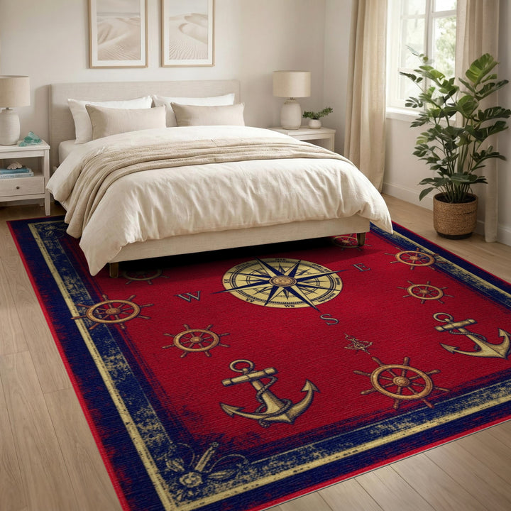 Red Nautical Compass Anchor Vintage Area Rug