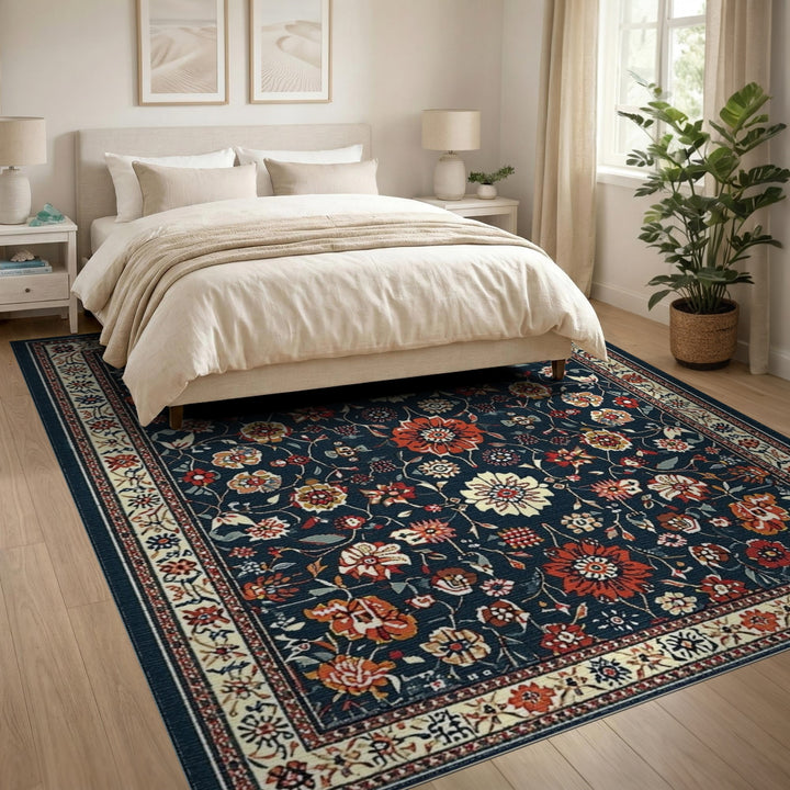 Navy Floral Traditional Persian Area Rug