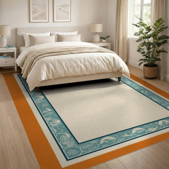 Coastal Teal Sailboat Border Area Rug