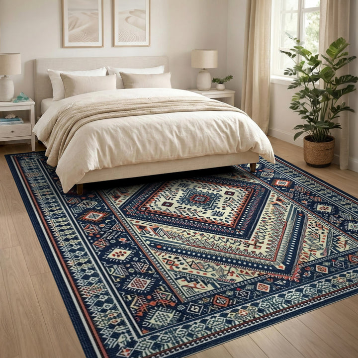Navy Blue Tribal Diamond Area Rug