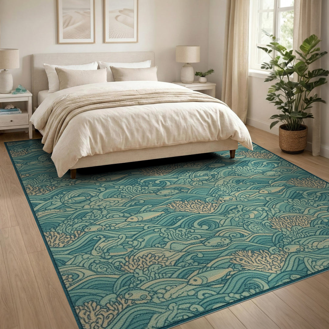 Teal Coastal Waves Fish Area Rug