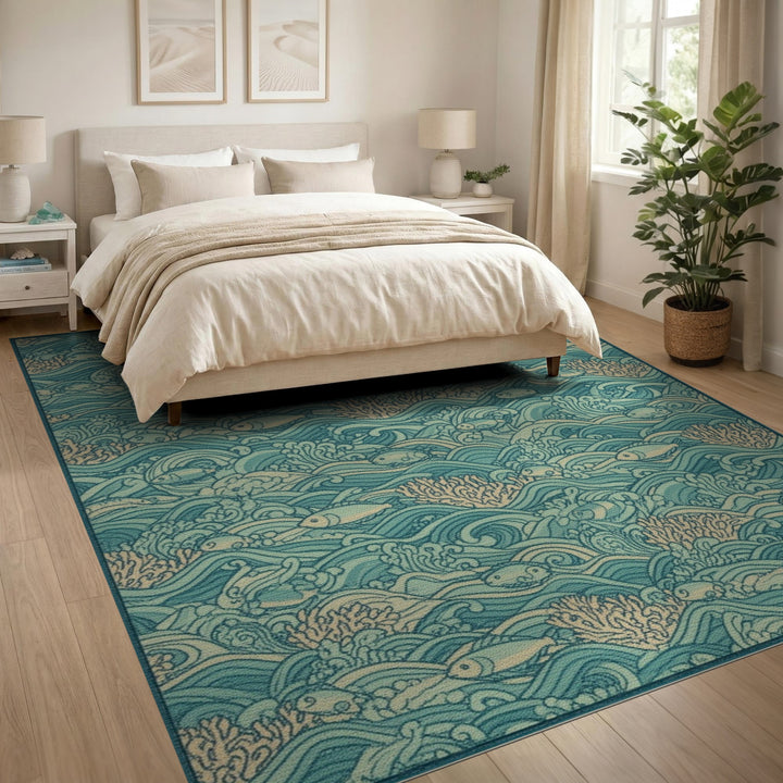 Teal Coastal Waves Fish Area Rug