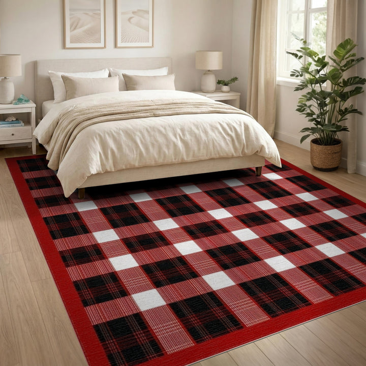 Geometric Modern Red Black Buffalo Check Area Rug