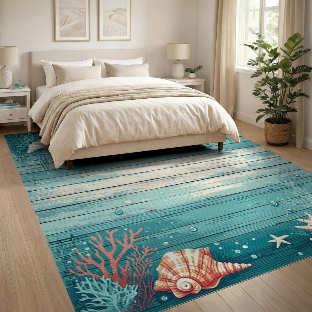 Seashell Starfish Teal Coastal Area Rug
