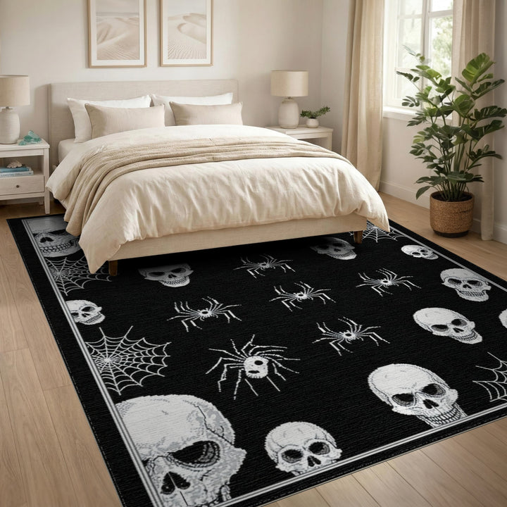 Black White Skull Spider Area Rug
