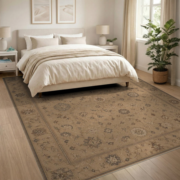 Beige and Neutral Beige Traditional Persian Floral Area Rug