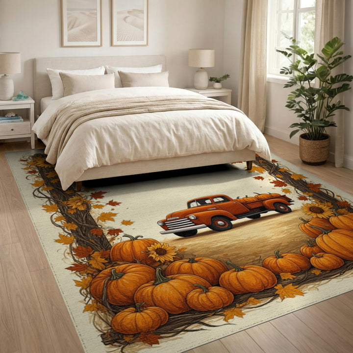 Vintage Orange Truck Pumpkin Fall Area Rug