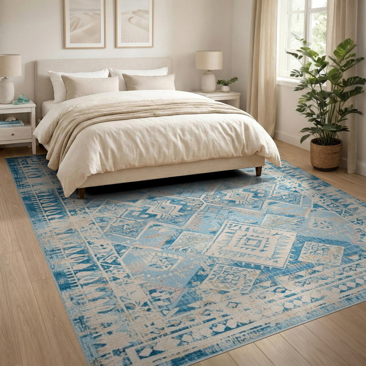 Distressed Blue Diamond Geometric Area Rug