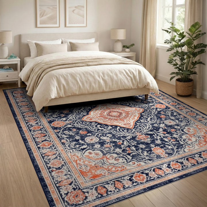Navy Blue Distressed Vintage Medallion Area Rug