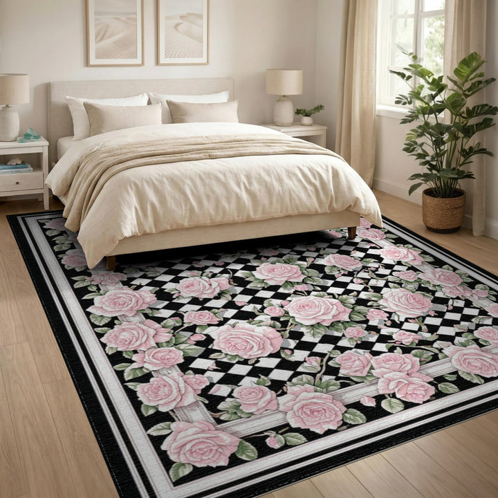 Pink Rose Trellis Checkered Area Rug