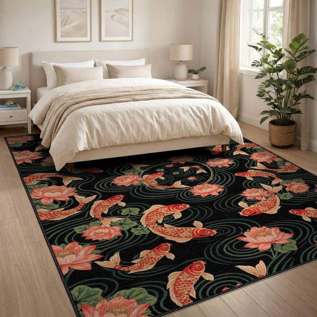 Koi Fish Lotus Black Area Rug