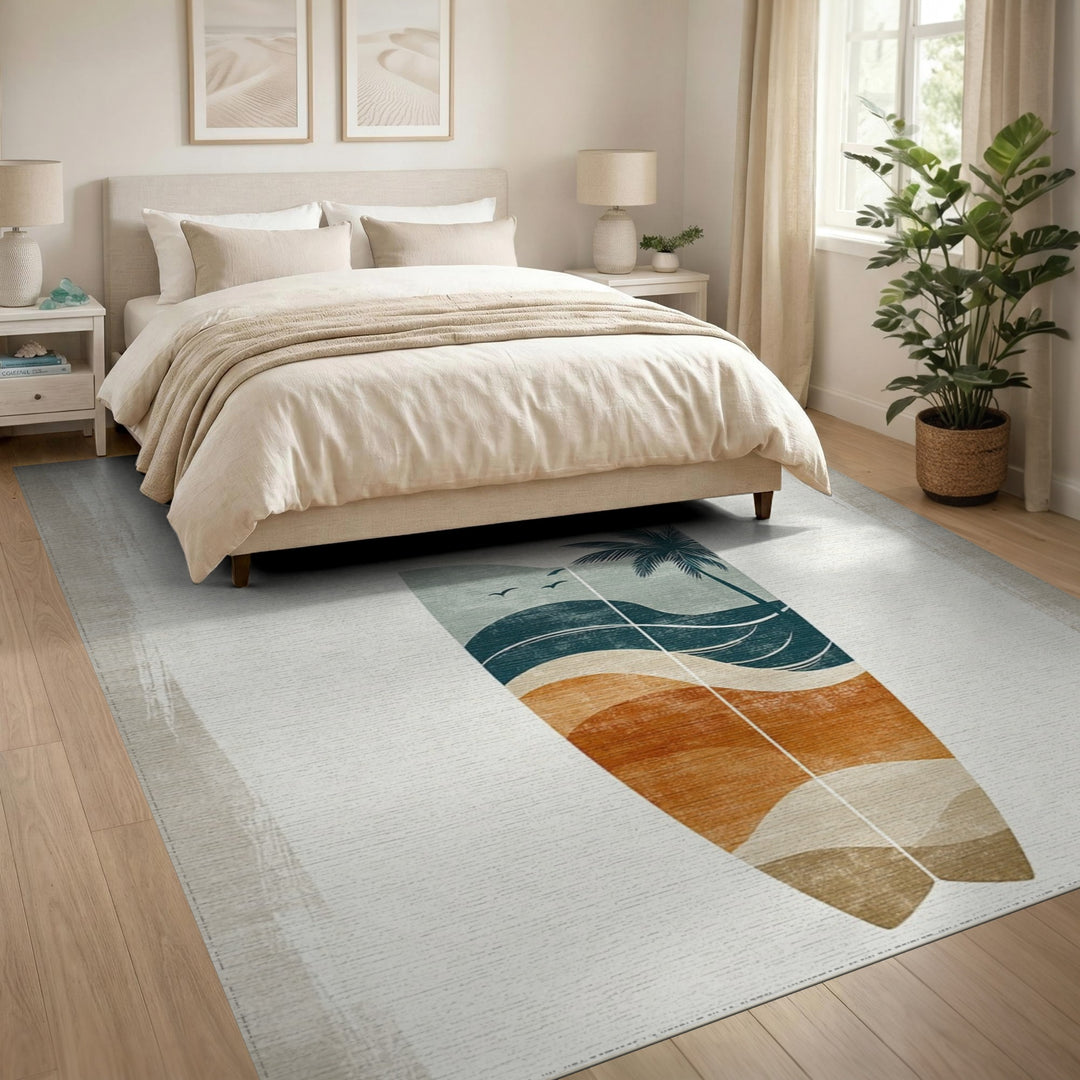 Coastal Surfboard Palm Tree Area Rug
