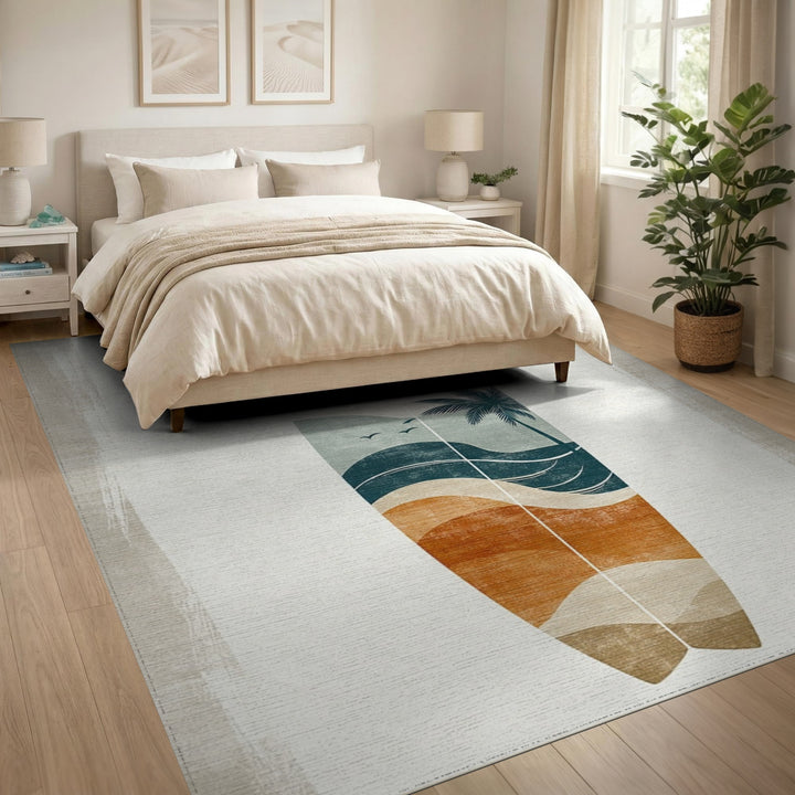 Coastal Surfboard Palm Tree Area Rug