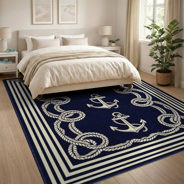 Navy Blue Anchor Rope Area Rug