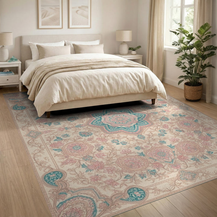 Pink Teal Floral Medallion Vintage Rug