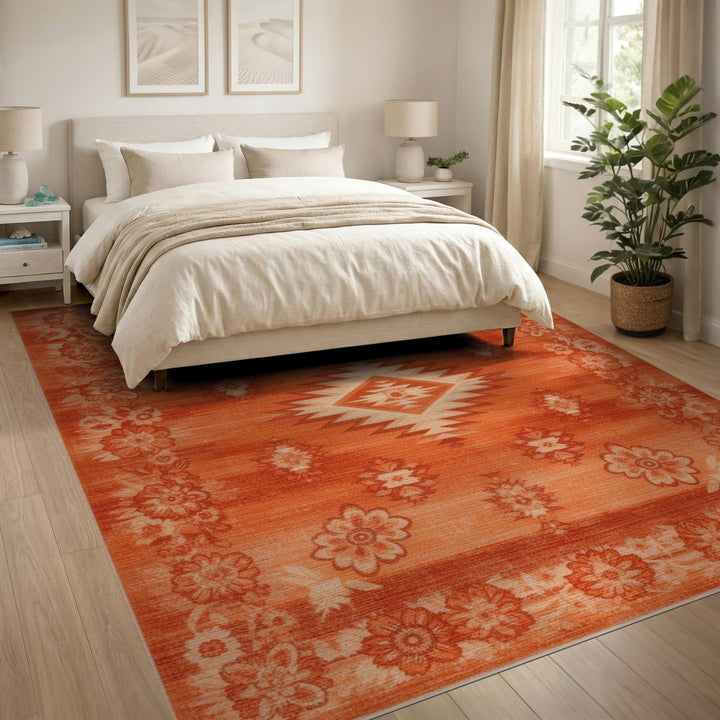Orange Southwestern Area Rug with Floral Border