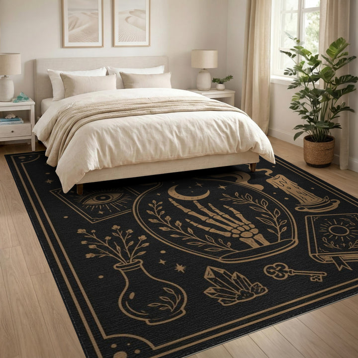Mystical Potion Bottle Gold Area Rug