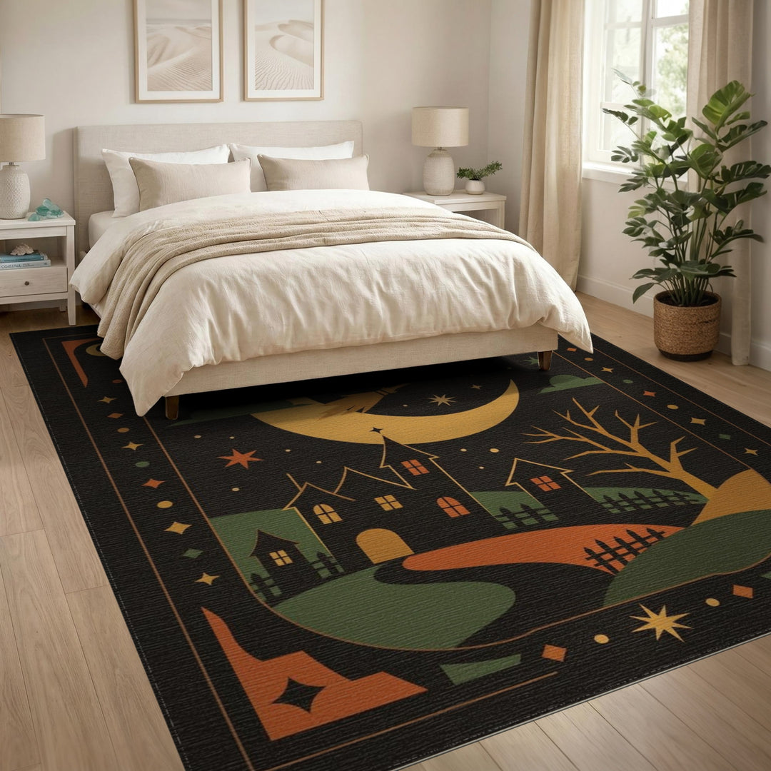 Witch Cat on Broom Halloween Area Rug