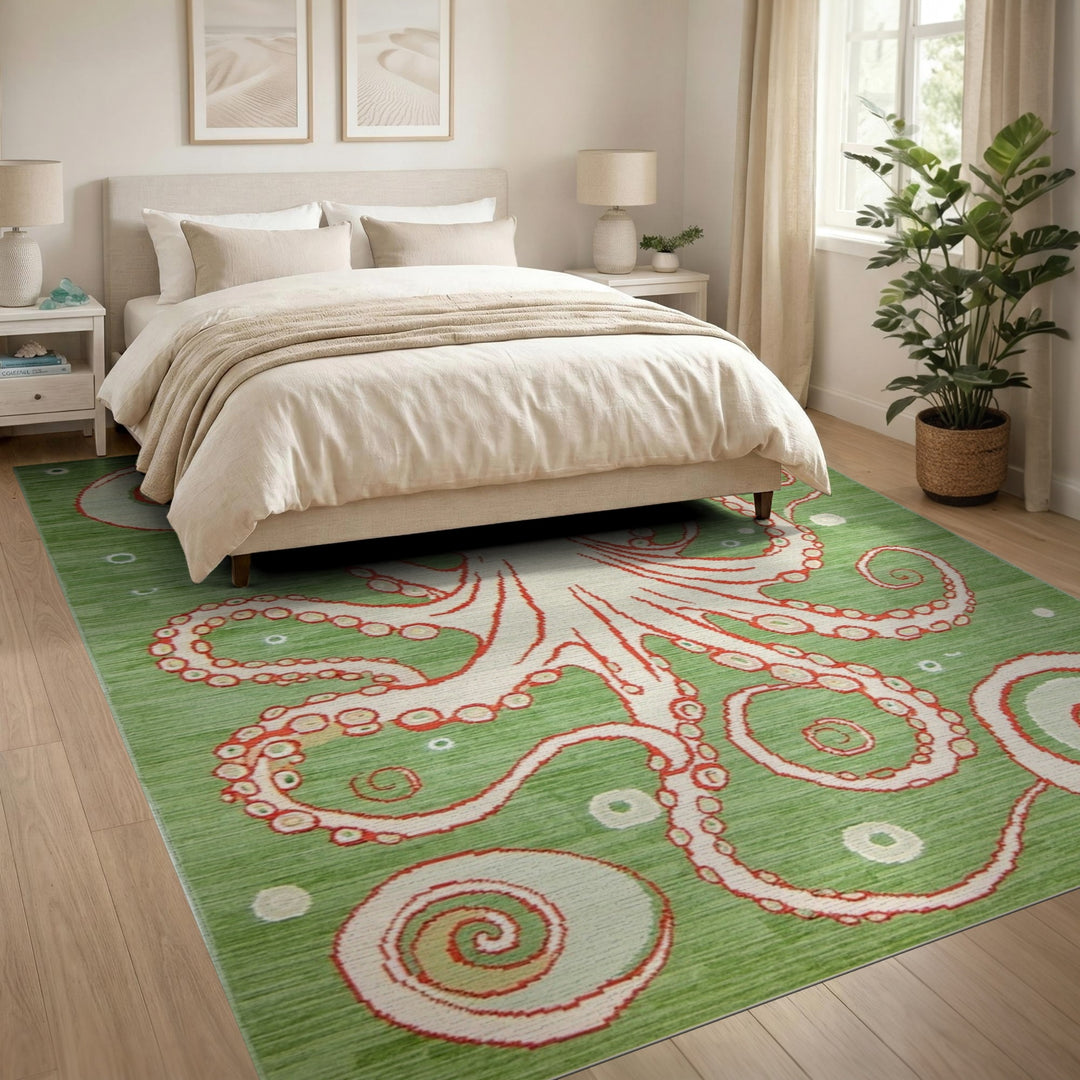 Green Octopus Swirl Washable Area Rug
