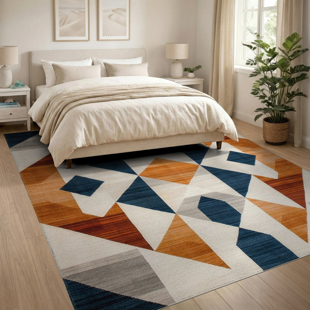 Navy Geometric Diamond Area Rug with Orange Accents