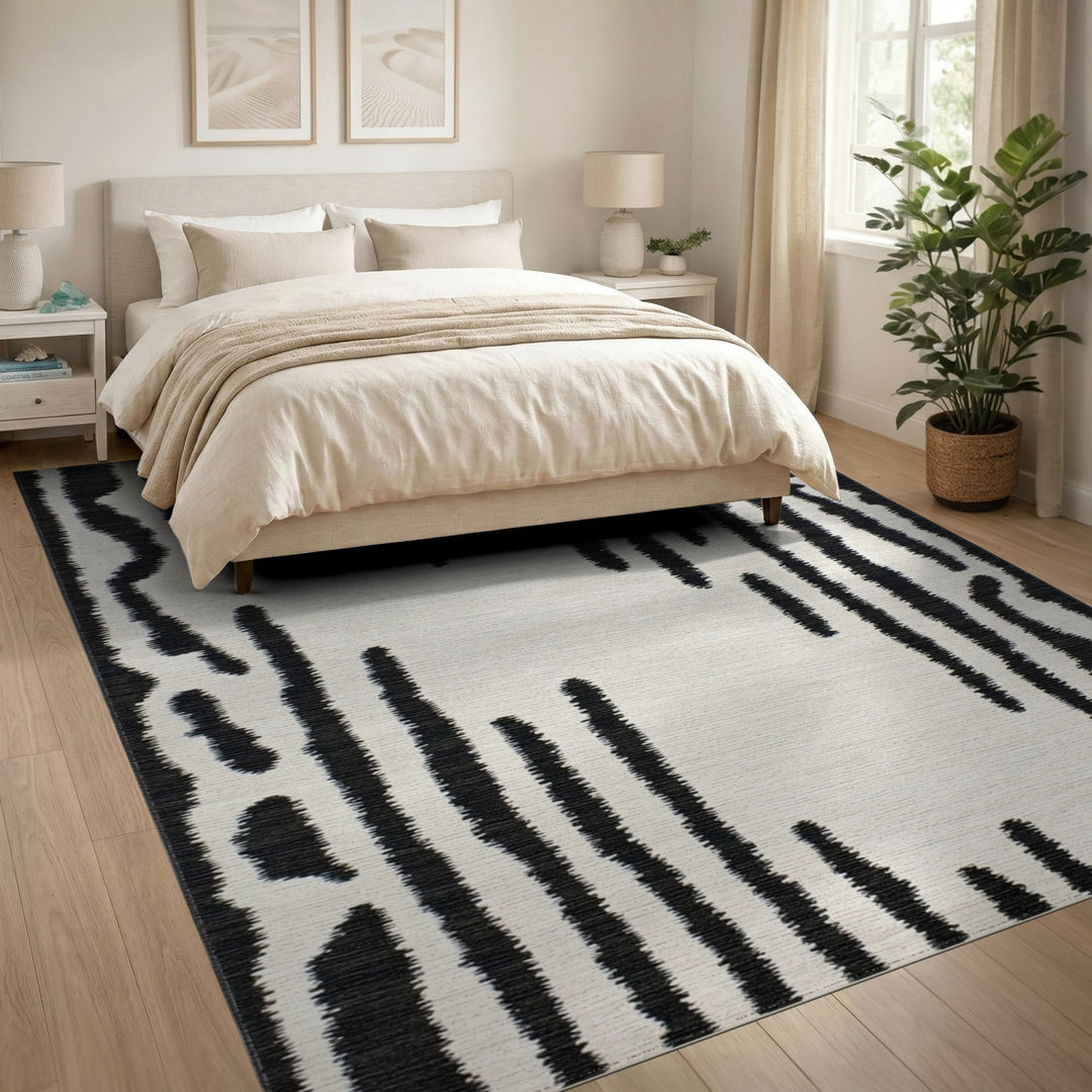 Black White Abstract Vertical Stripe Rug