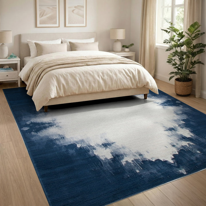 Blue and Teal Navy Blue Abstract Washable Area Rug