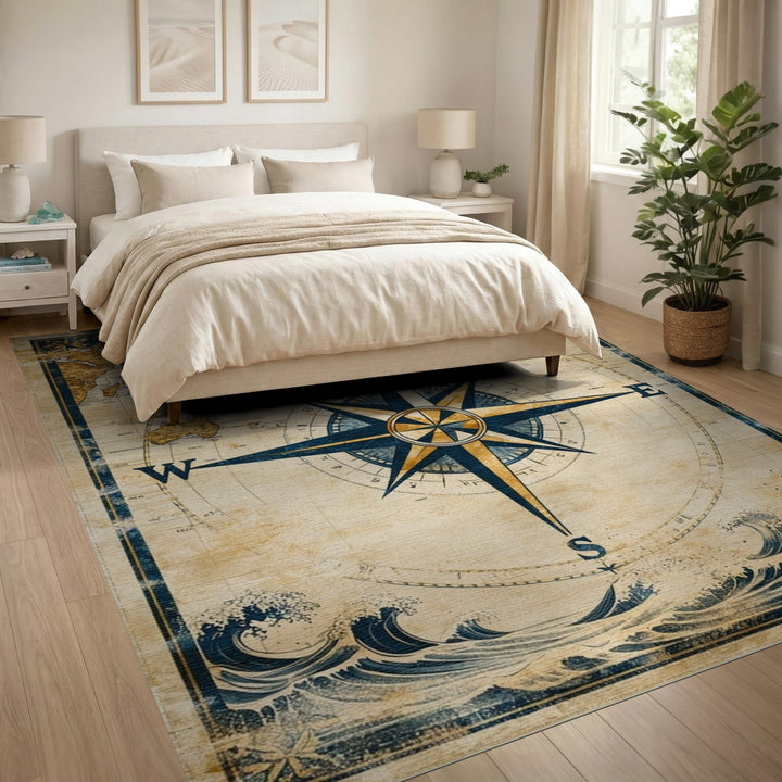 Vintage Compass World Map Area Rug