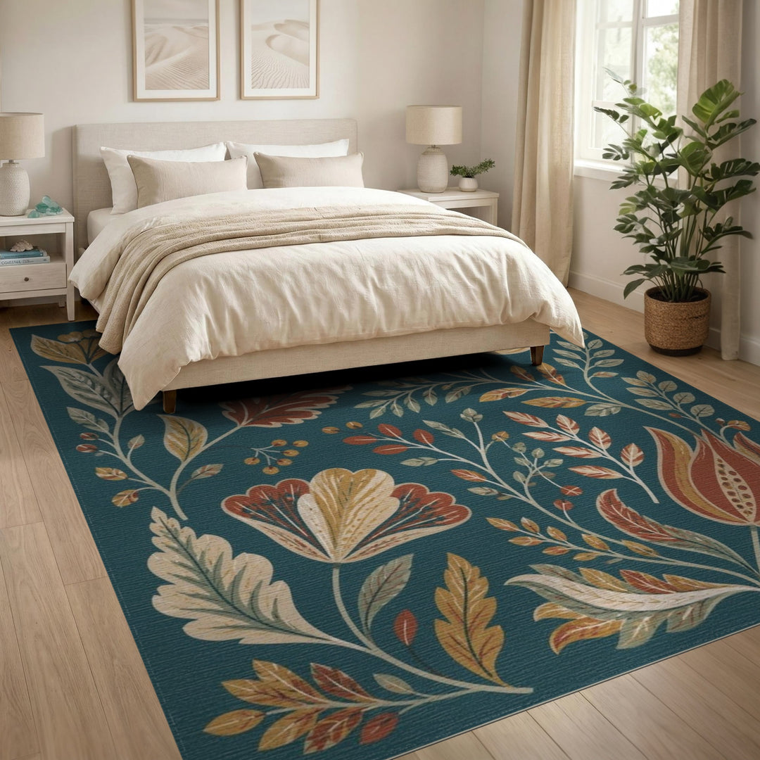 Teal Floral Vintage Washable Blue and Teal Area Rug