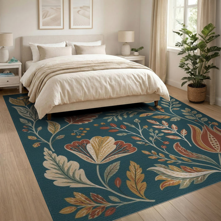 Teal Floral Vintage Washable Blue and Teal Area Rug