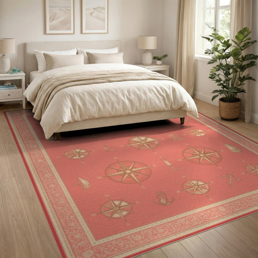 Red Nautical Compass Coastal Beach Area Rug