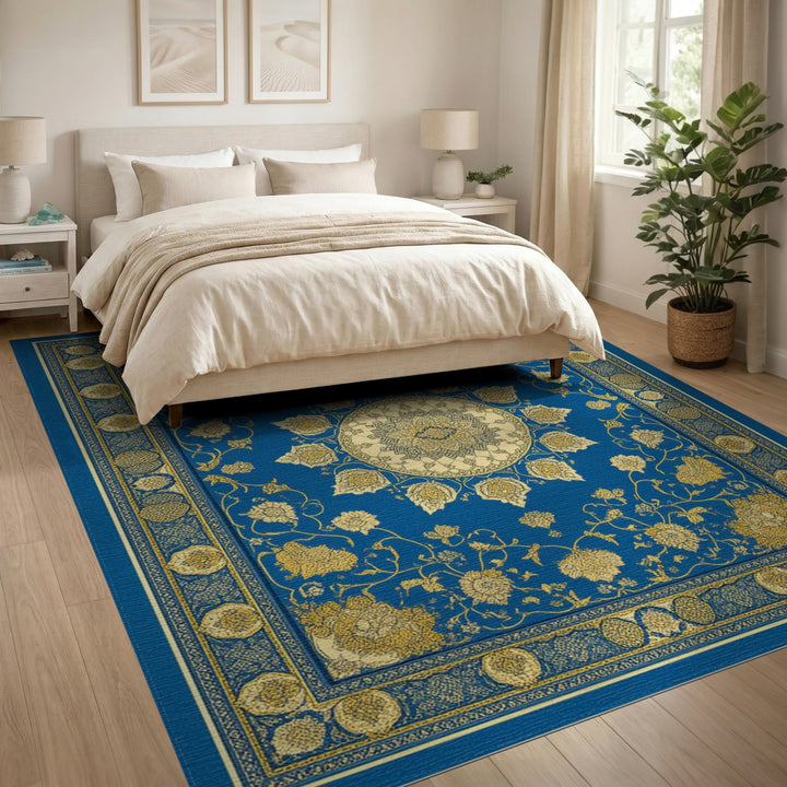 Blue Gold Medallion Floral Persian Area Rug