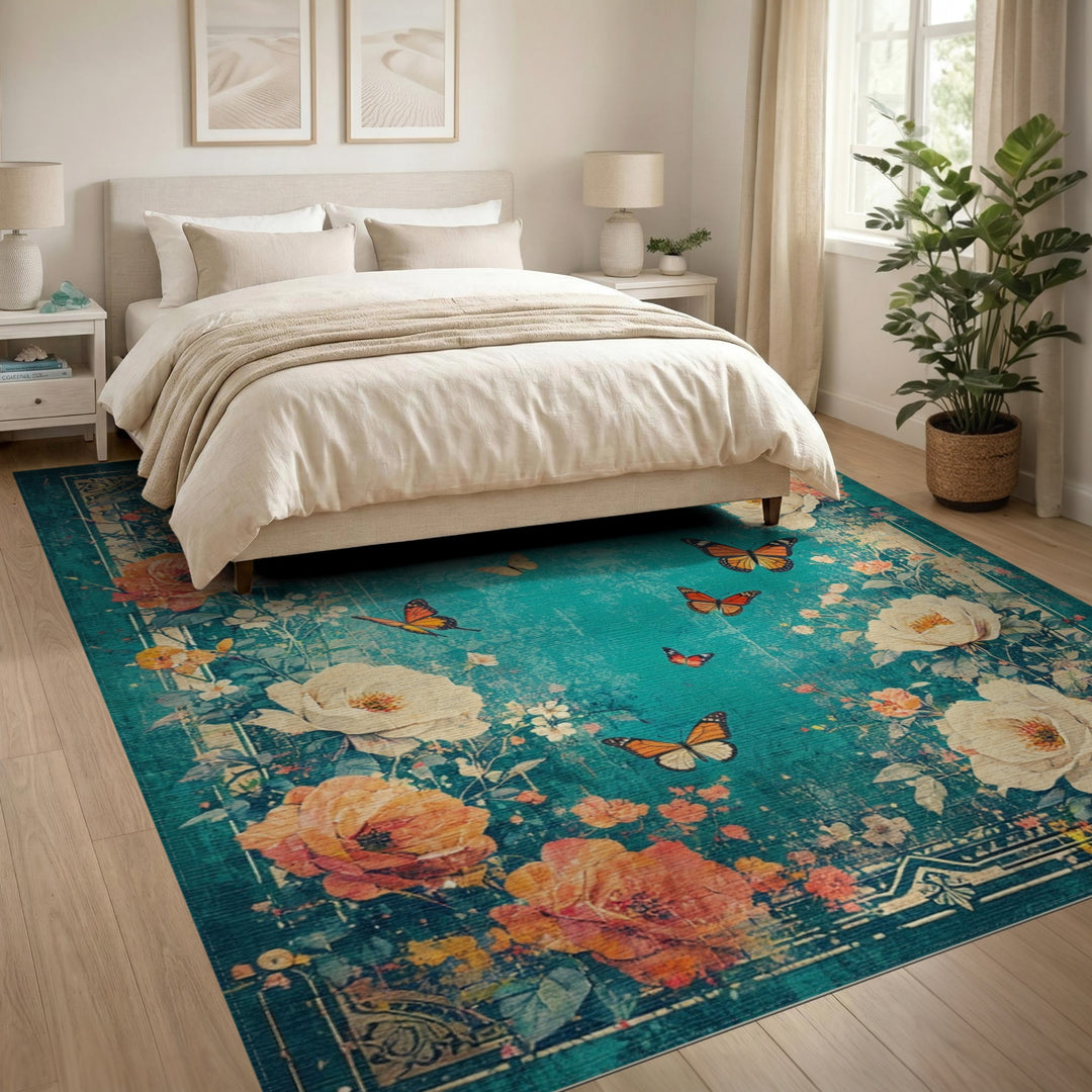 Distressed Teal Floral Vintage Area Rug with Butterflies
