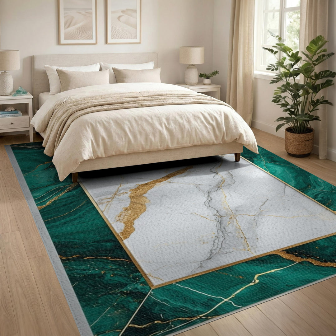 Luxury Green Marble Gold Frame Area Rug