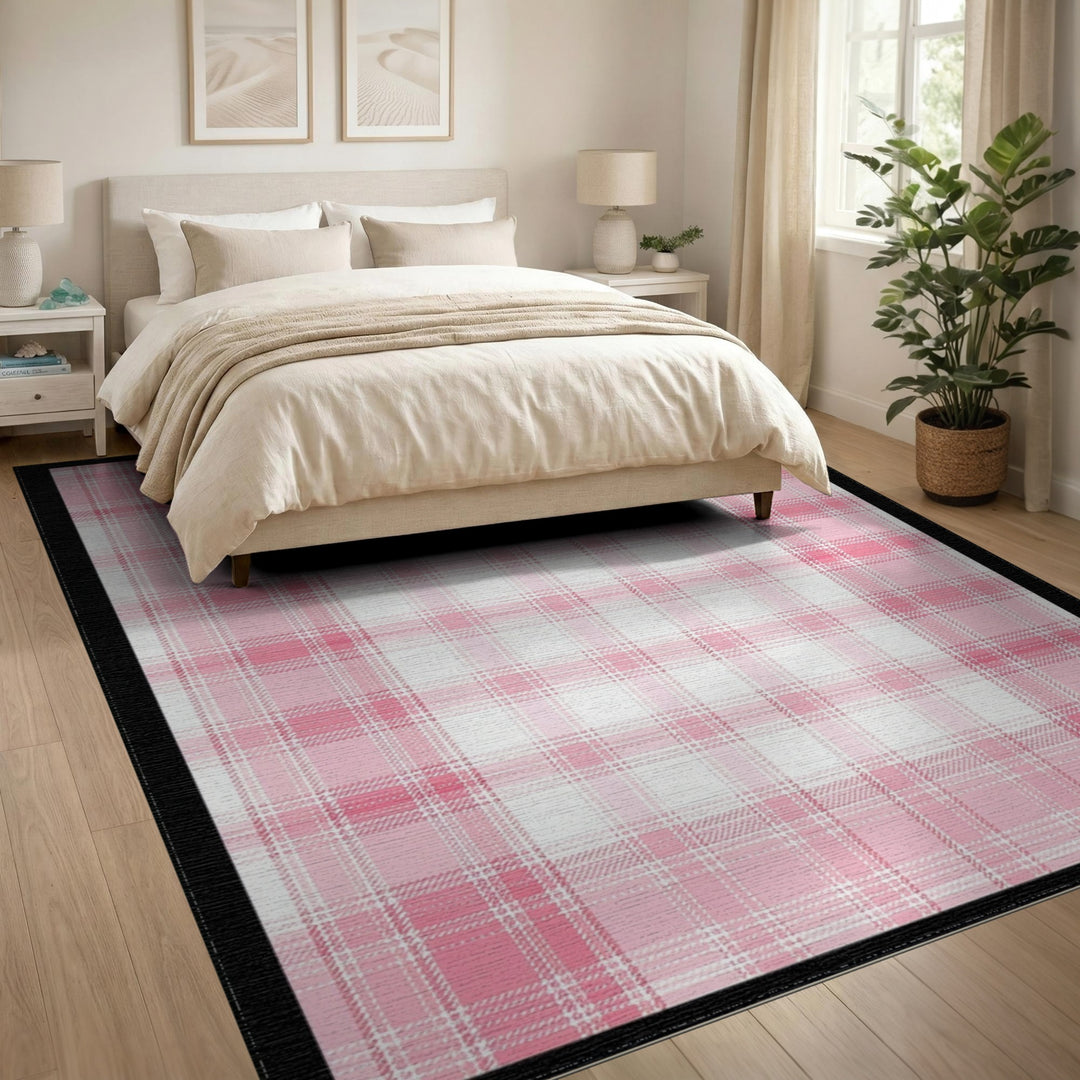Pink Plaid Washable Pink Area Rug